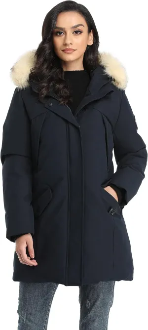 PUREMSX Winter Coat for Women, Thick Warm Fur Hood Insulated Vegan Down Padded Jacket Parka XS-XXL
