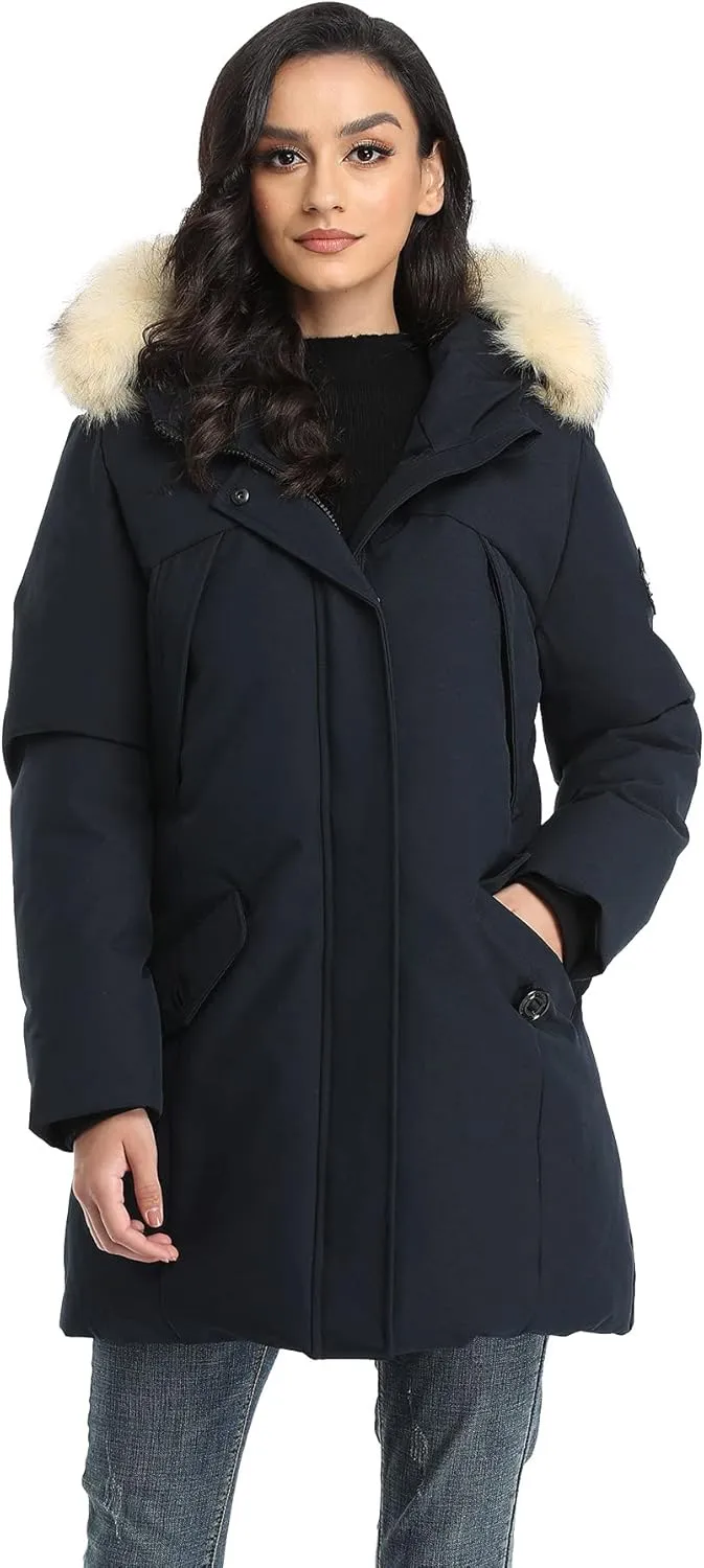PUREMSX Winter Coat for Women, Thick Warm Fur Hood Insulated Vegan Down Padded Jacket Parka XS-XXL