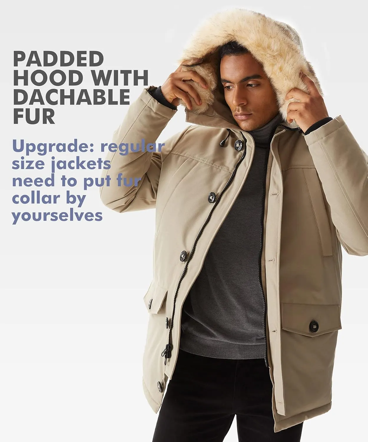 PUREMSX Winter Jackets for Men, Insulated Thick Warm Padded Puffer Coat with Fur Hood
