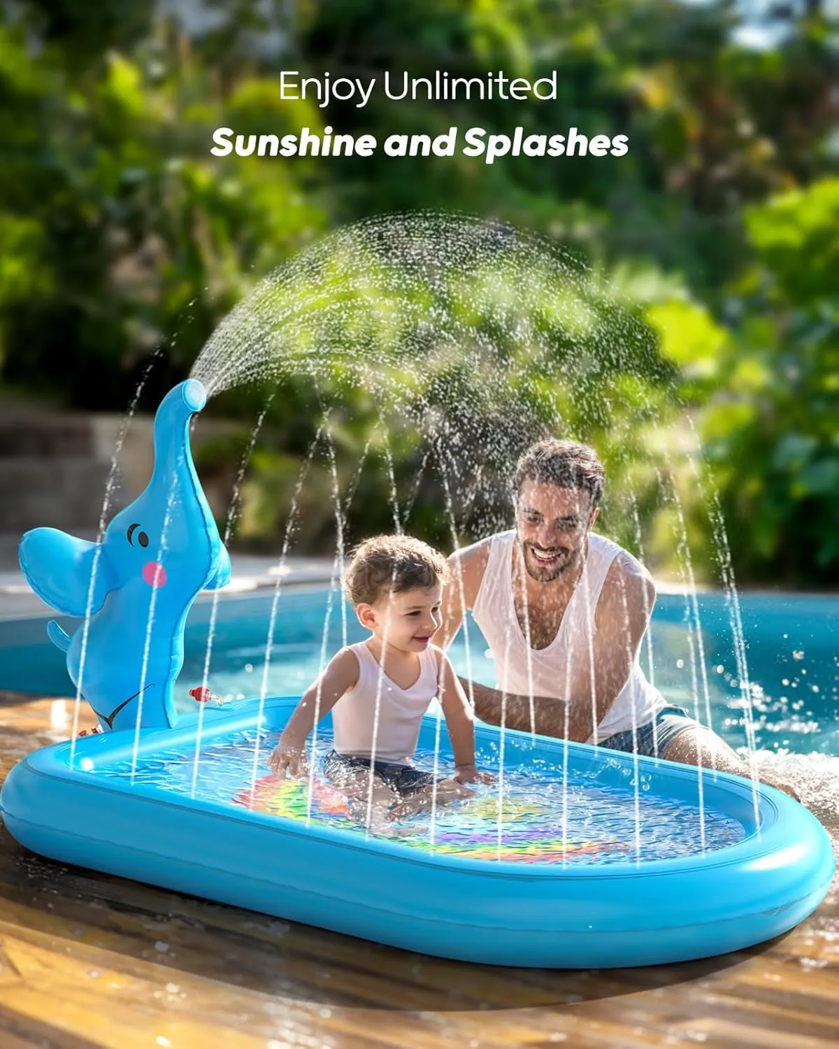 QPAU Splash Pads for Toddlers 1-3, Blue Elephant Toy Splash Pad for Kids, Outdoor Play Mat for Babies, Inflatable Sprinkler Pool for Birthday Girl Gifts 1 Year Old Girl