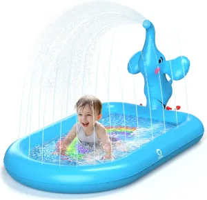 QPAU Splash Pads for Toddlers 1-3, Blue Elephant Toy Splash Pad for Kids, Outdoor Play Mat for Babies, Inflatable Sprinkler Pool for Birthday Girl Gifts 1 Year Old Girl