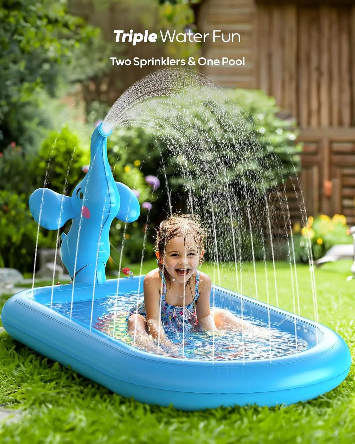 QPAU Splash Pads for Toddlers 1-3, Blue Elephant Toy Splash Pad for Kids, Outdoor Play Mat for Babies, Inflatable Sprinkler Pool for Birthday Girl Gifts 1 Year Old Girl