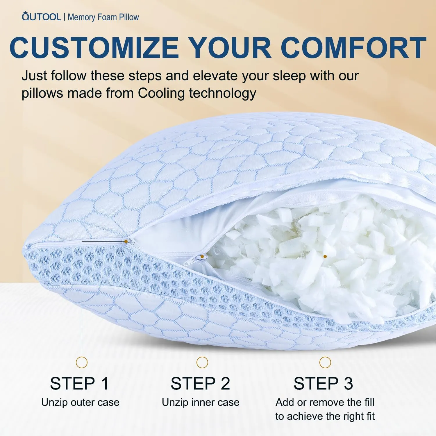 QUTOOL Enhanced Cooling Pillows for Sleeping, Shredded Memory Foam Pillows 2 Pack, Bed Pillows Standard Size Set of 2, Support Yet Soft Pillow for Side, Back Sleepers