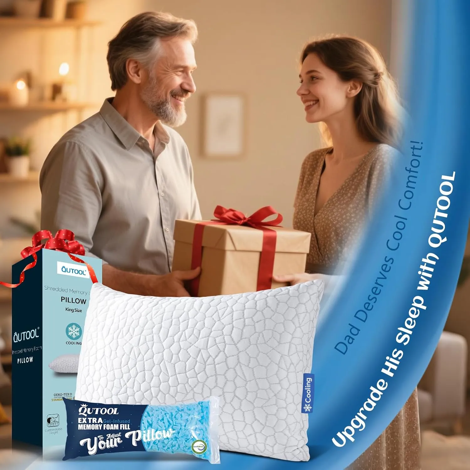 QUTOOL Shredded Memory Foam Pillows for Sleeping King Size Pillow, Cooling Gel Pillows for Hot Sleepers Cool Pillow for Side and Back Sleeper, Soft Yet Support Adjustable Bed Pillow, Gifts for Father