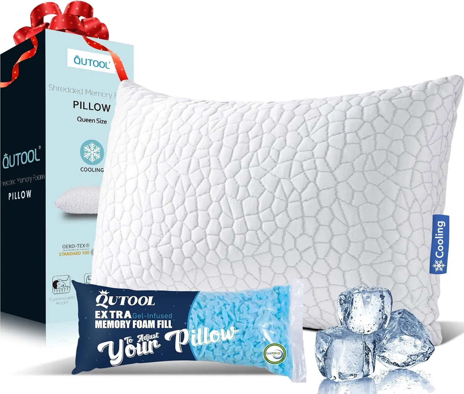 QUTOOL Shredded Memory Foam Pillows for Sleeping Queen Size, Cooling Gel Pillows for Hot Sleepers Adjustable Bed Pillow for Side and Back Sleeper, Breathable, Neck Support, White, Gifts for Father