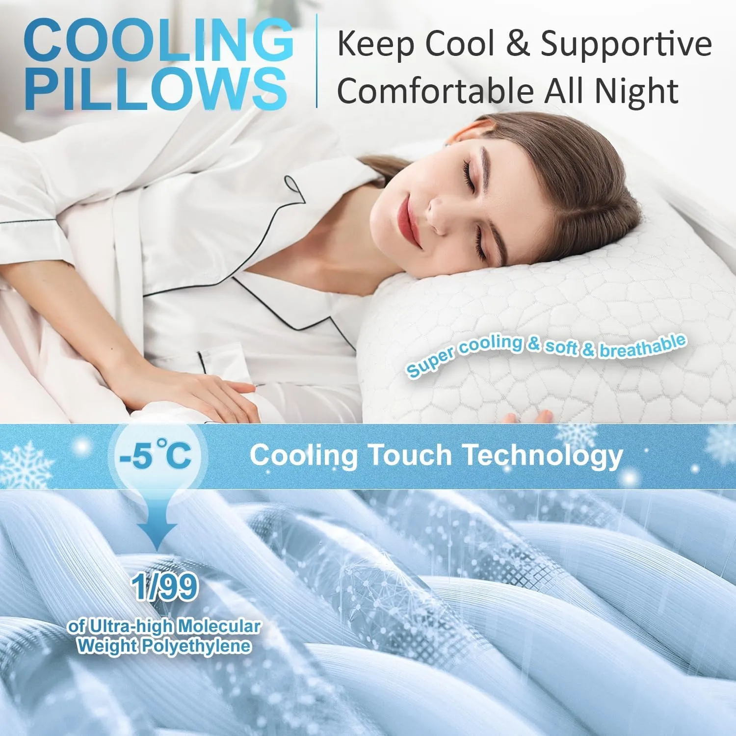 QUTOOL Shredded Memory Foam Pillows for Sleeping Queen Size, Cooling Gel Pillows for Hot Sleepers Adjustable Bed Pillow for Side and Back Sleeper, Breathable, Neck Support, White, Gifts for Father