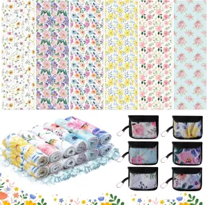 R HORSE Summer Flowers Cooling Towels - 6Pcs Floral Themed Breathable Chilly Microfiber Ice Towels with Hangable Storage Bags for Neck and Head, Summer Gifts for Women Ladies Yoga Sports, 40"x 12"