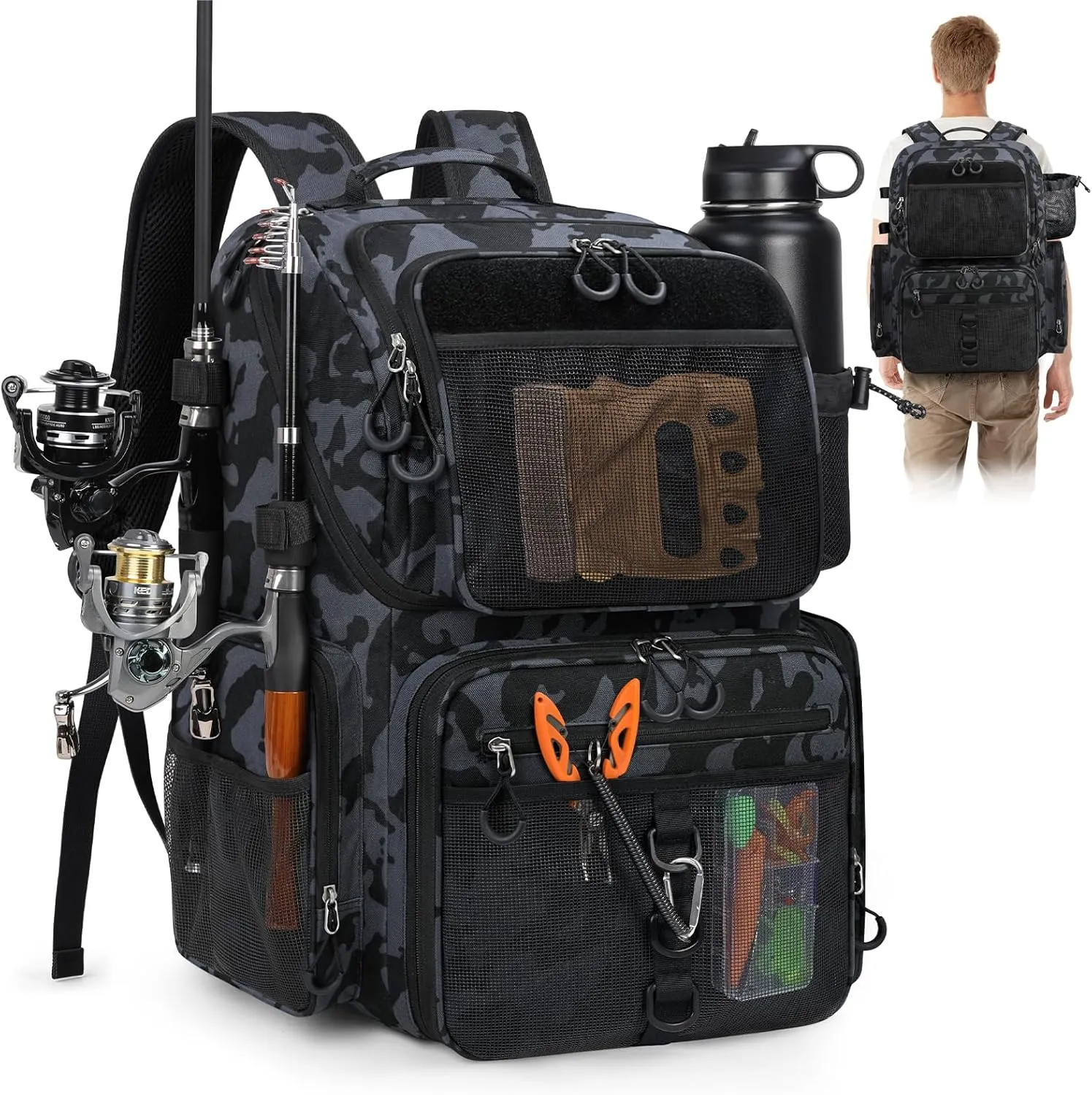 RAINSMORE 45L Fishing Backpack with Rod Holders & Rain Cover Large 900D Water Resistant Fishing Tackle bag Store Fishing Gear