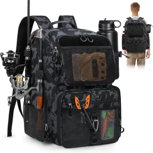RAINSMORE 45L Fishing Backpack with Rod Holders & Rain Cover Large 900D Water Resistant Fishing Tackle bag Store Fishing Gear