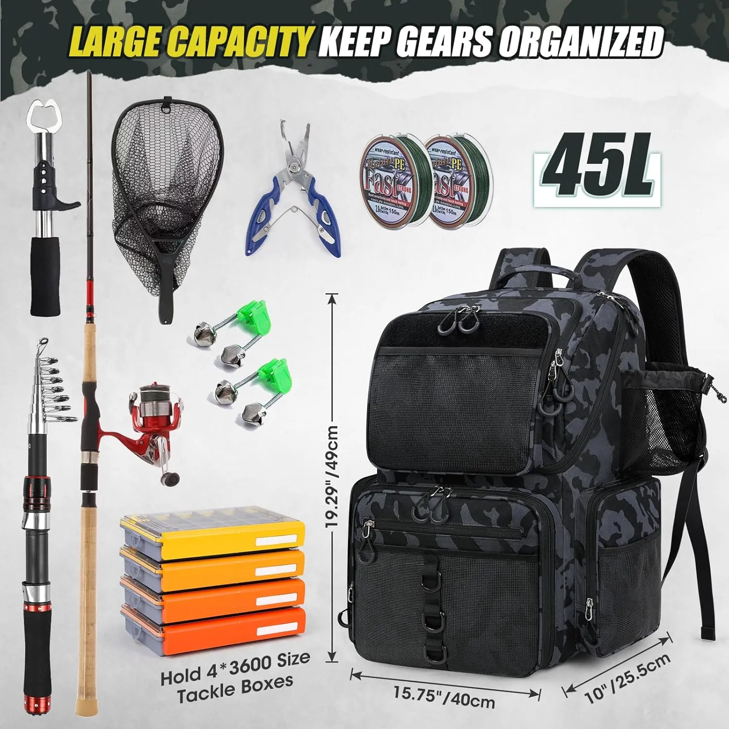 RAINSMORE 45L Fishing Backpack with Rod Holders & Rain Cover Large 900D Water Resistant Fishing Tackle bag Store Fishing Gear