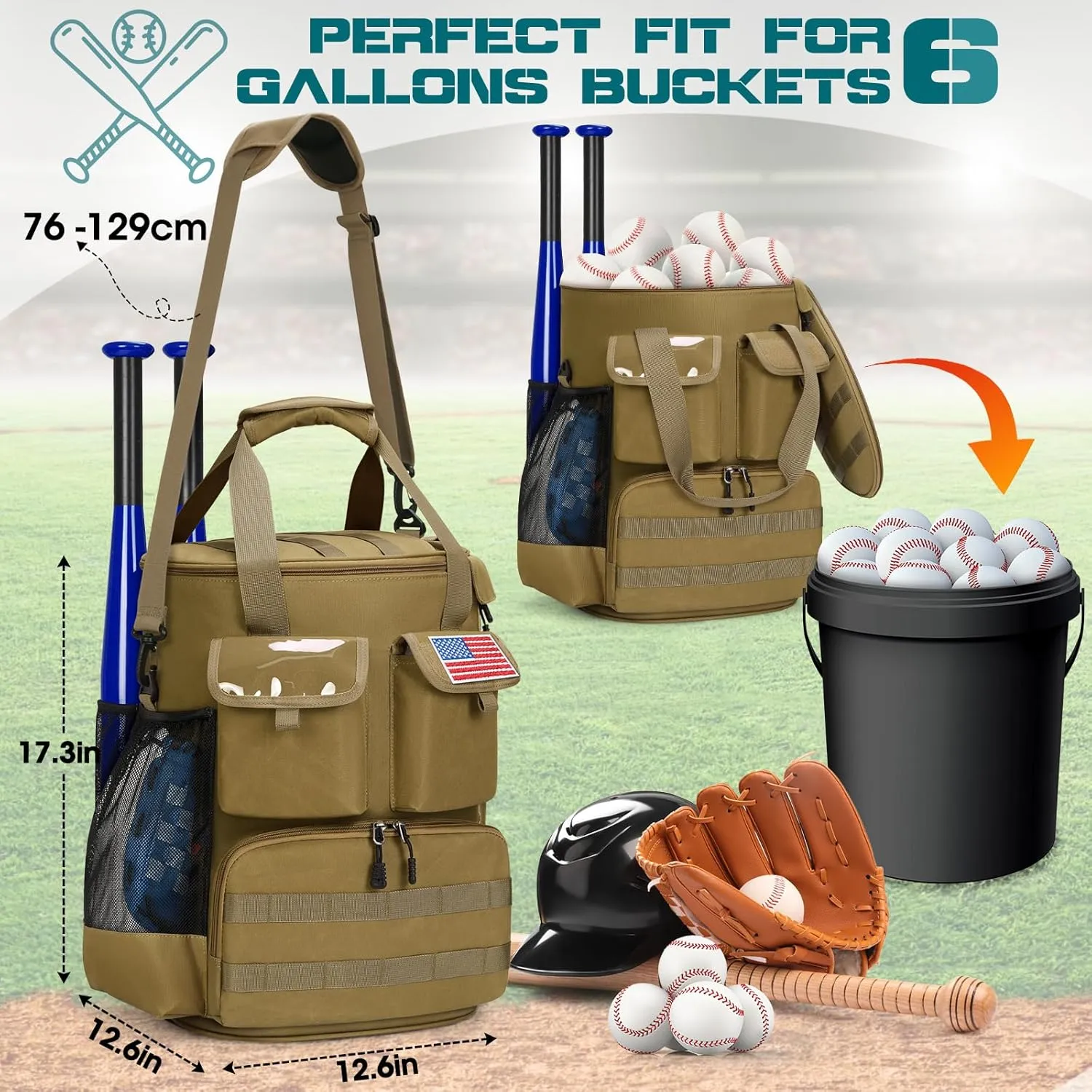 RAINSMORE Baseball Bucket Bag Baseball Coaches Accessories Organizer with Insulation Pocket Tactical Softball Bag with Anti-Slip Bottom, Multiple Pockets for Bat, Gloves, Scoreboards