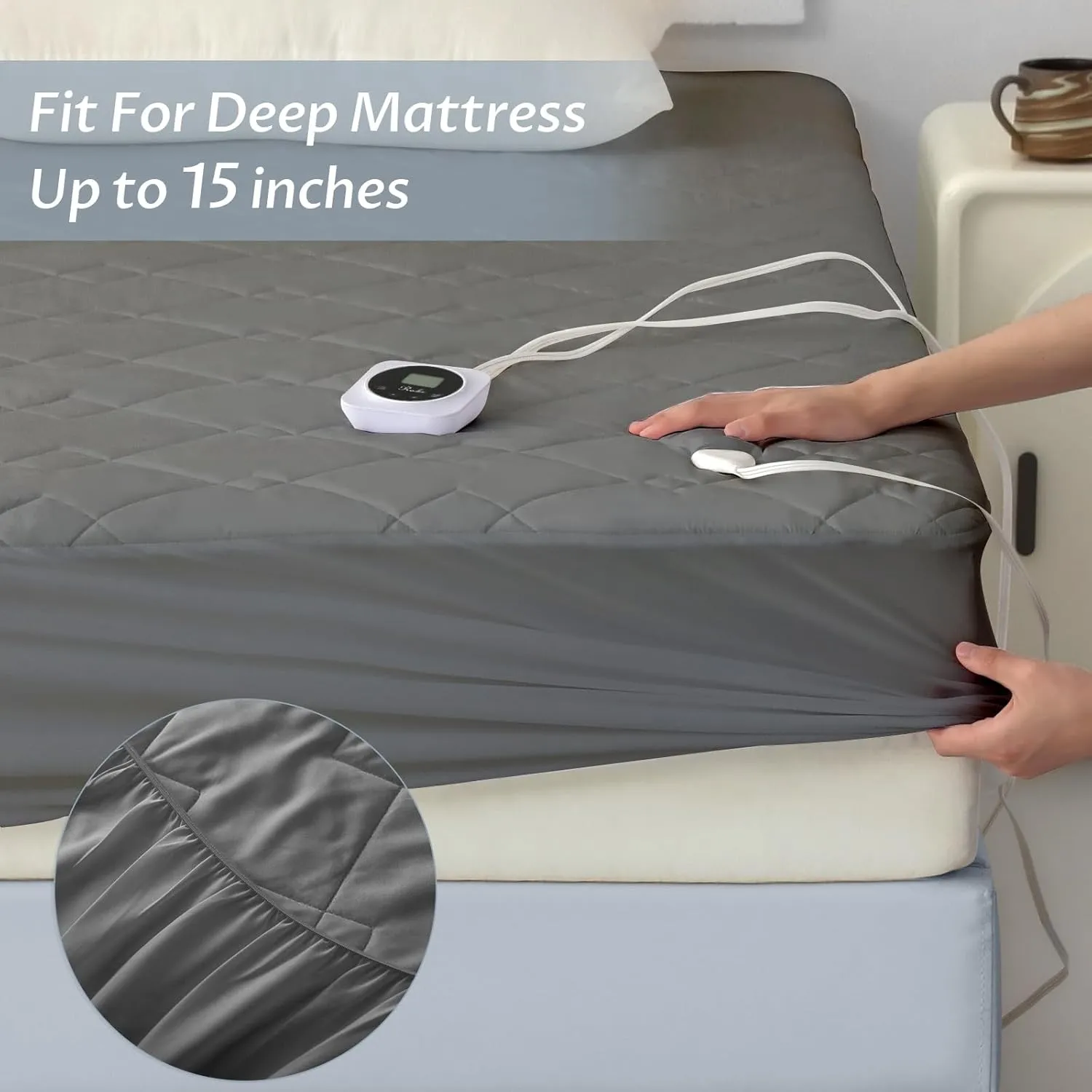 Reaks Electric Mattress Pad Full Size, Quilted Heated Mattress Pad Single Control with 10 Heat Settings, ETL Certified Bed Warmer with Timer for 1-12 Hours Auto Off, Lighted Button, Grey