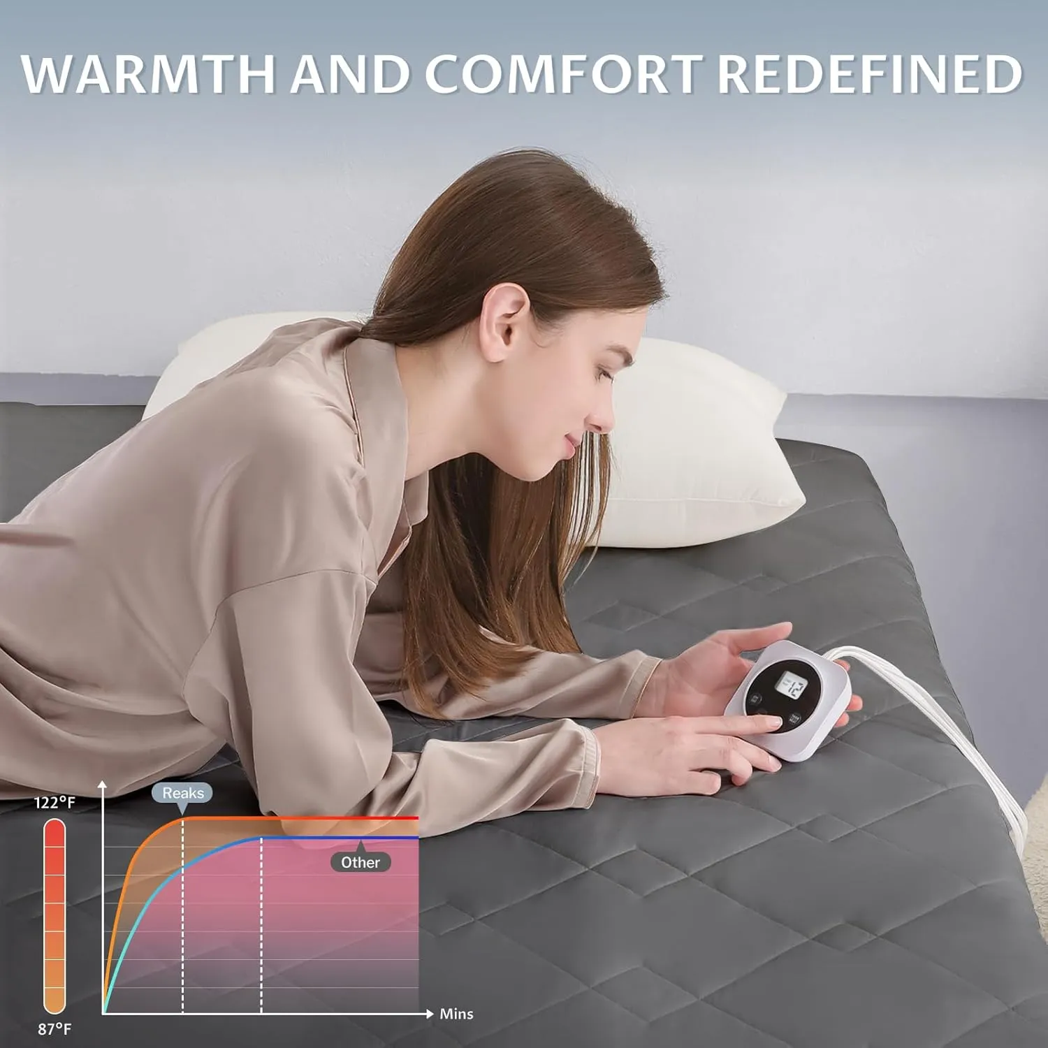 Reaks Electric Mattress Pad Full Size, Quilted Heated Mattress Pad Single Control with 10 Heat Settings, ETL Certified Bed Warmer with Timer for 1-12 Hours Auto Off, Lighted Button, Grey