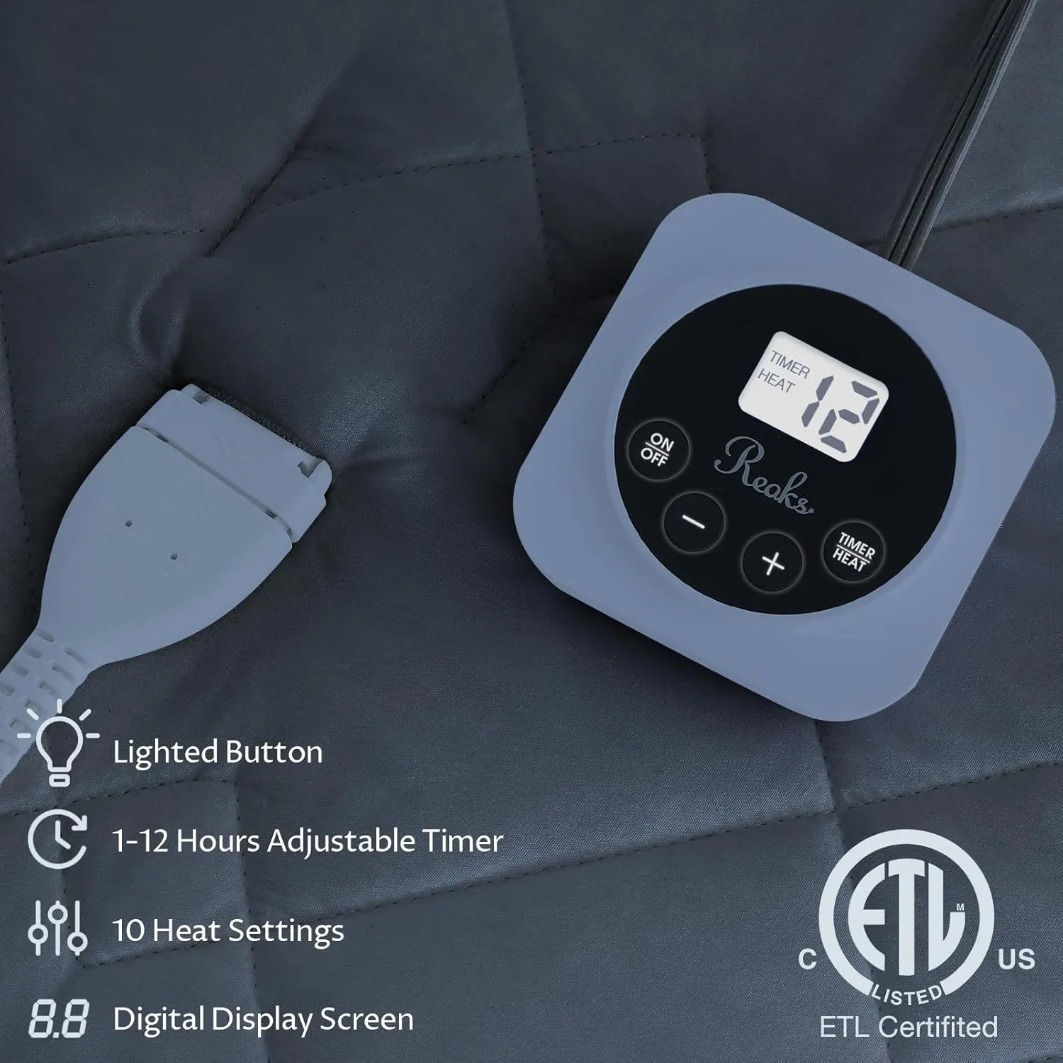 Reaks Electric Mattress Pad Full Size, Quilted Heated Mattress Pad Single Control with 10 Heat Settings, ETL Certified Bed Warmer with Timer for 1-12 Hours Auto Off, Lighted Button, Grey