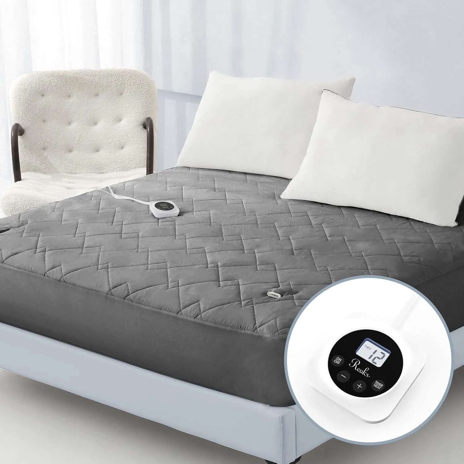 Reaks Electric Mattress Pad Full Size, Quilted Heated Mattress Pad Single Control with 10 Heat Settings, ETL Certified Bed Warmer with Timer for 1-12 Hours Auto Off, Lighted Button, Grey