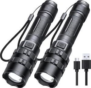 Rechargeable LED Flashlights High Lumens, 2000 Lumen Powerful Flash Light Super Bright Flashlight with 5 Modes IP65 Waterproof for Home Camping Hiking(2 Pack)