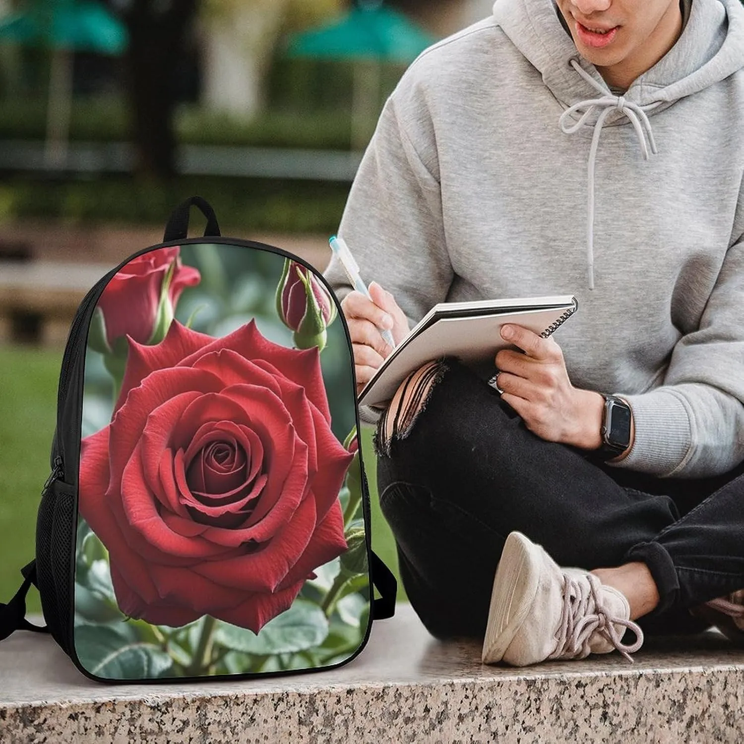 Red Rose Flower Backpack, Laptop Backpack for Men, 17 Inch Travel Hiking Daypack, Casual Backpack