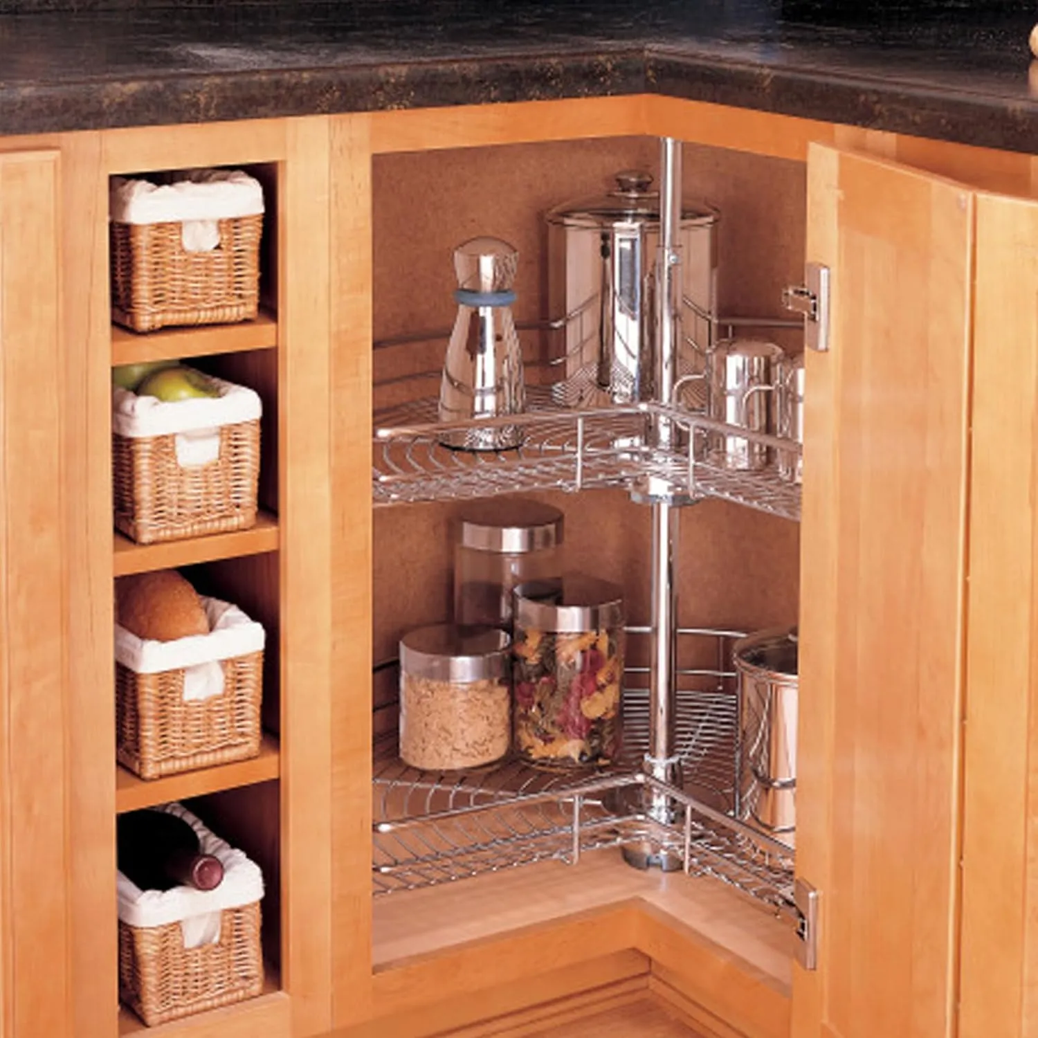 Rev-A-Shelf Dual Shelf Kidney Shaped Lazy Susan Organizer for Corner Base Kitchen Cabinets, Rotating Turntable Storage Wire Trays, Chrome, 5472-32 CR