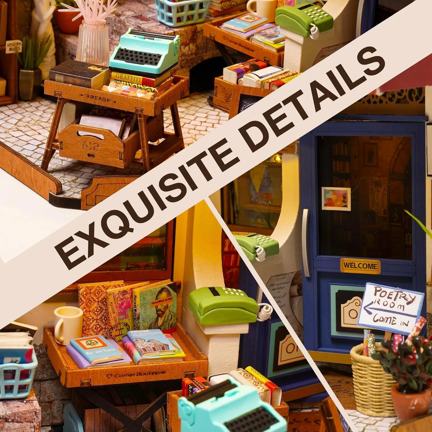 ROBOTIME DIY Miniature House Kit Mini Corner Bookstore Tiny House Making Kit with LED Wooden Craft Diorama Kit Decorative Hobby Unique Gift