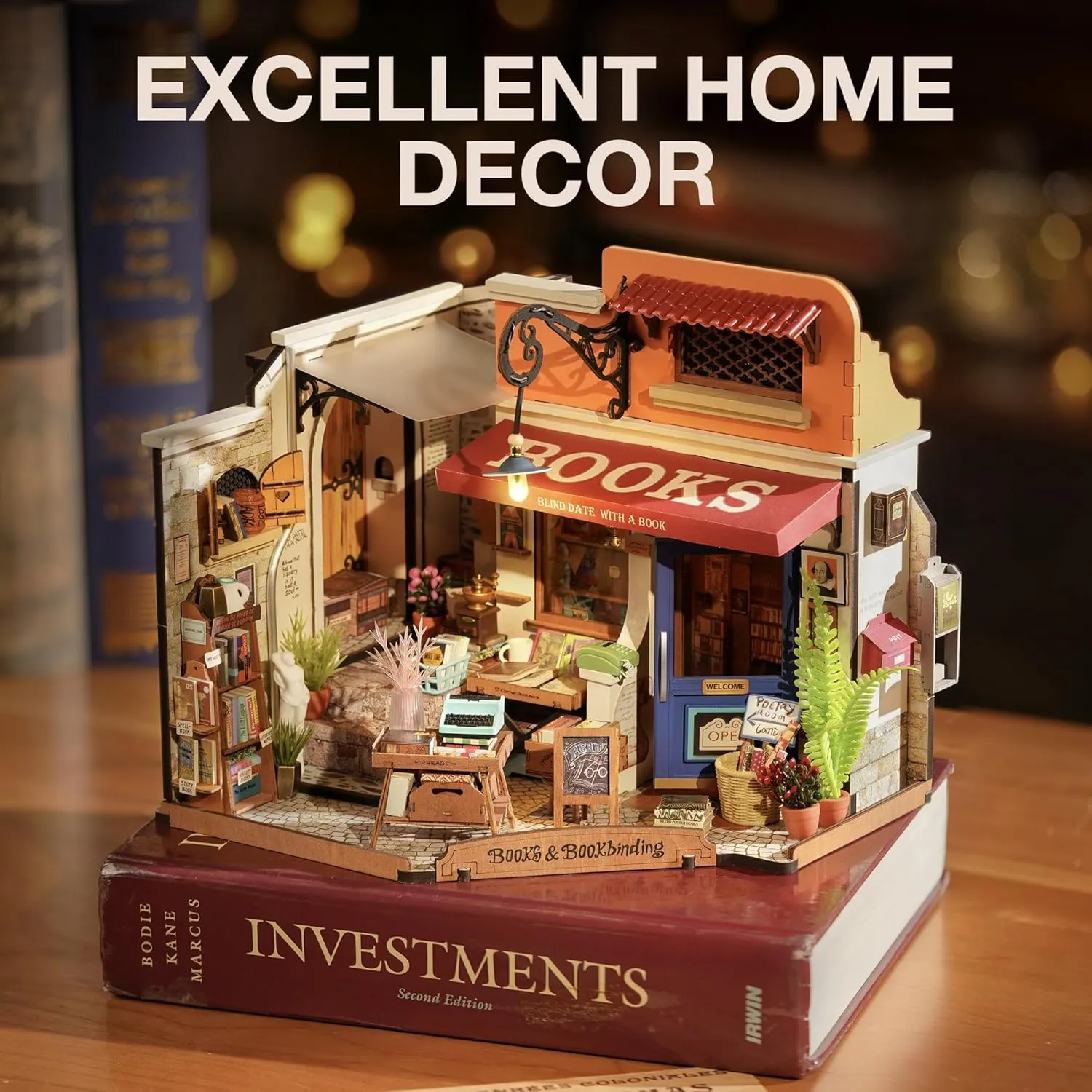 ROBOTIME DIY Miniature House Kit Mini Corner Bookstore Tiny House Making Kit with LED Wooden Craft Diorama Kit Decorative Hobby Unique Gift