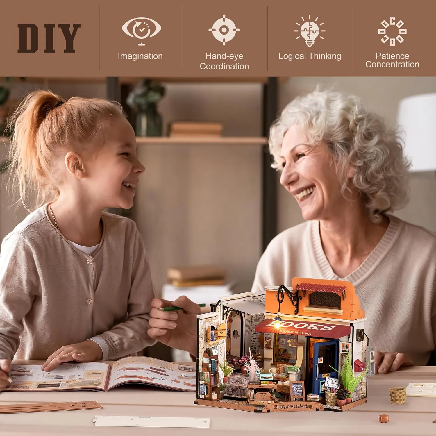 ROBOTIME DIY Miniature House Kit Mini Corner Bookstore Tiny House Making Kit with LED Wooden Craft Diorama Kit Decorative Hobby Unique Gift