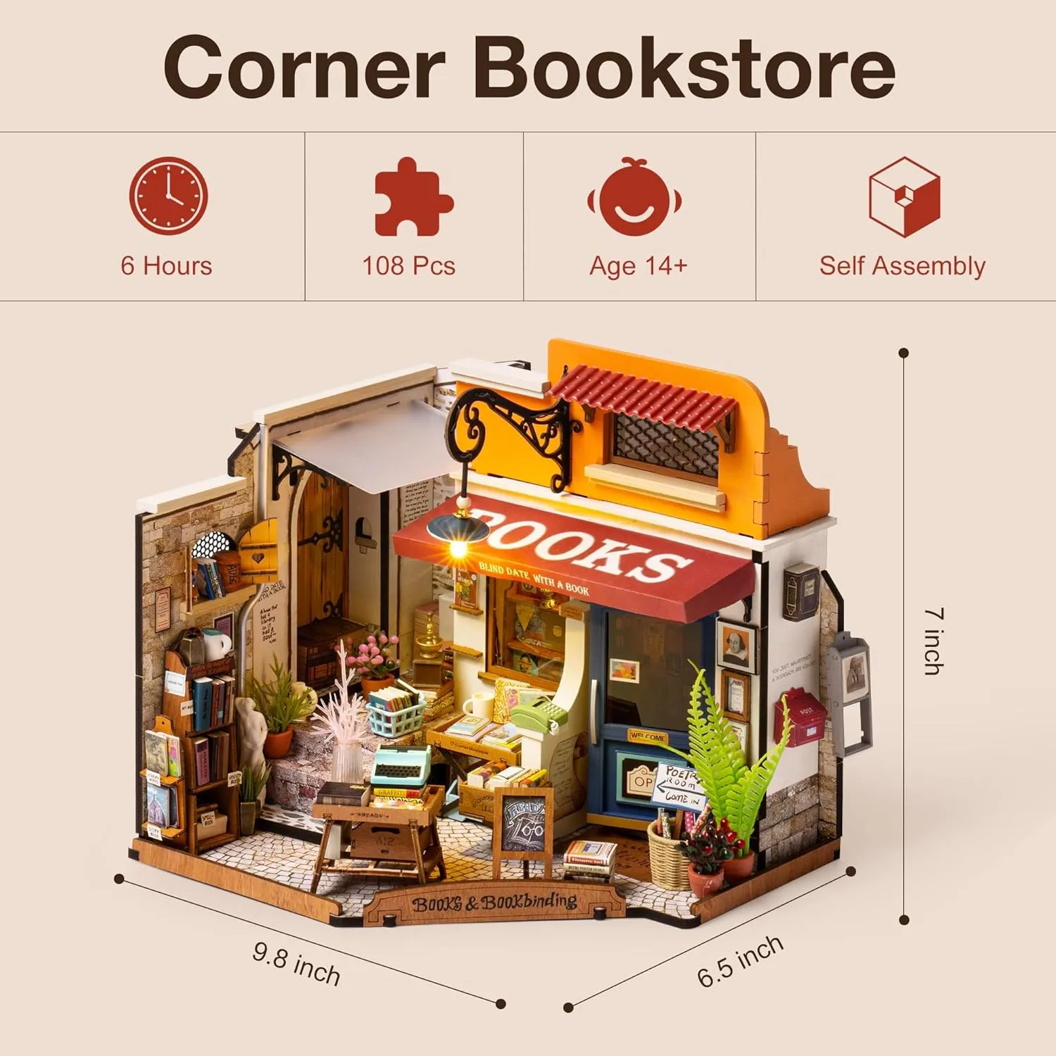 ROBOTIME DIY Miniature House Kit Mini Corner Bookstore Tiny House Making Kit with LED Wooden Craft Diorama Kit Decorative Hobby Unique Gift