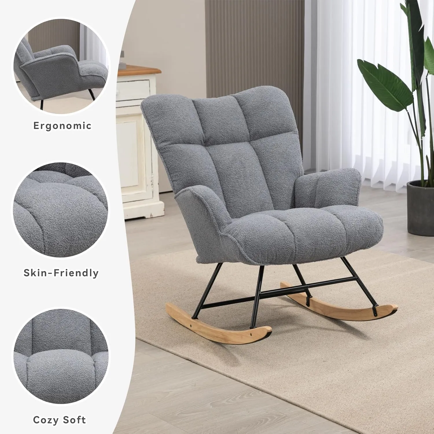 Rocking Chair Nursery Teddy, Upholstered Baby Fluffy Glider Rocker for Adults Small Spaces Indoor, Comfy Sherpa Compact Nursing Chairs for Living Room, Bedroom, Classroom, Darkgrey