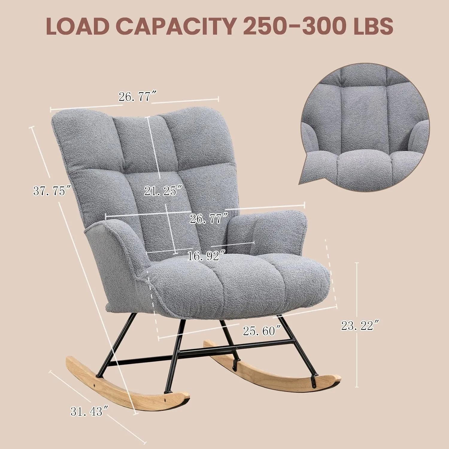 Rocking Chair Nursery Teddy, Upholstered Baby Fluffy Glider Rocker for Adults Small Spaces Indoor, Comfy Sherpa Compact Nursing Chairs for Living Room, Bedroom, Classroom, Darkgrey