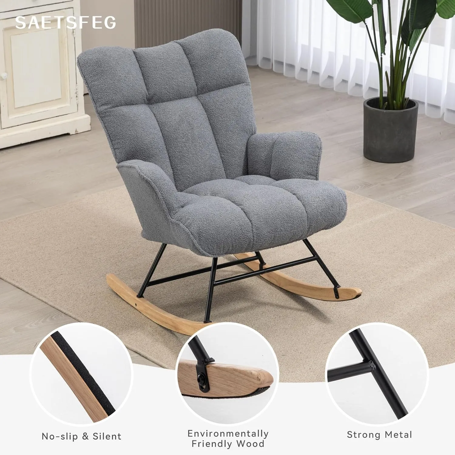 Rocking Chair Nursery Teddy, Upholstered Baby Fluffy Glider Rocker for Adults Small Spaces Indoor, Comfy Sherpa Compact Nursing Chairs for Living Room, Bedroom, Classroom, Darkgrey