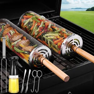 Rolling Grilling Baskets for Outdoor - Grill Grate Charcoal Round BBQ Stainless Steel Basket Campfire Grid Camping Picnic Cookware