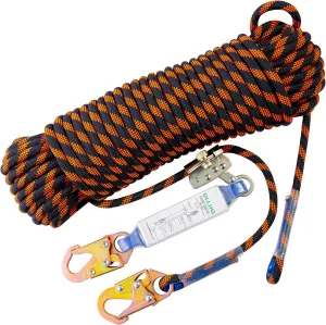 Rope Harness Safety Lanyard 50ft Vertical Roofing Rope with Grab Snap Hooks Shock Absorber Fall Protection Tree Climbing Line Kit Heavy Duty Roof Safety Equipment ANSI CE