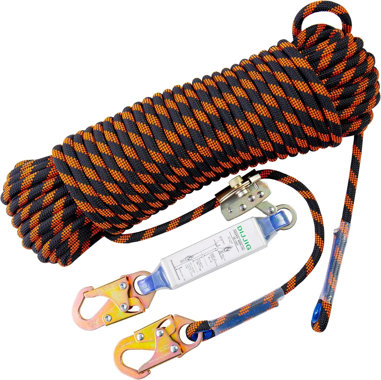 Rope Harness Safety Lanyard 50ft Vertical Roofing Rope with Grab Snap Hooks Shock Absorber Fall Protection Tree Climbing Line Kit Heavy Duty Roof Safety Equipment ANSI CE