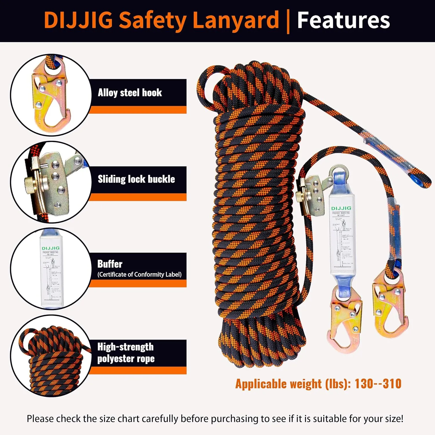 Rope Harness Safety Lanyard 50ft Vertical Roofing Rope with Grab Snap Hooks Shock Absorber Fall Protection Tree Climbing Line Kit Heavy Duty Roof Safety Equipment ANSI CE