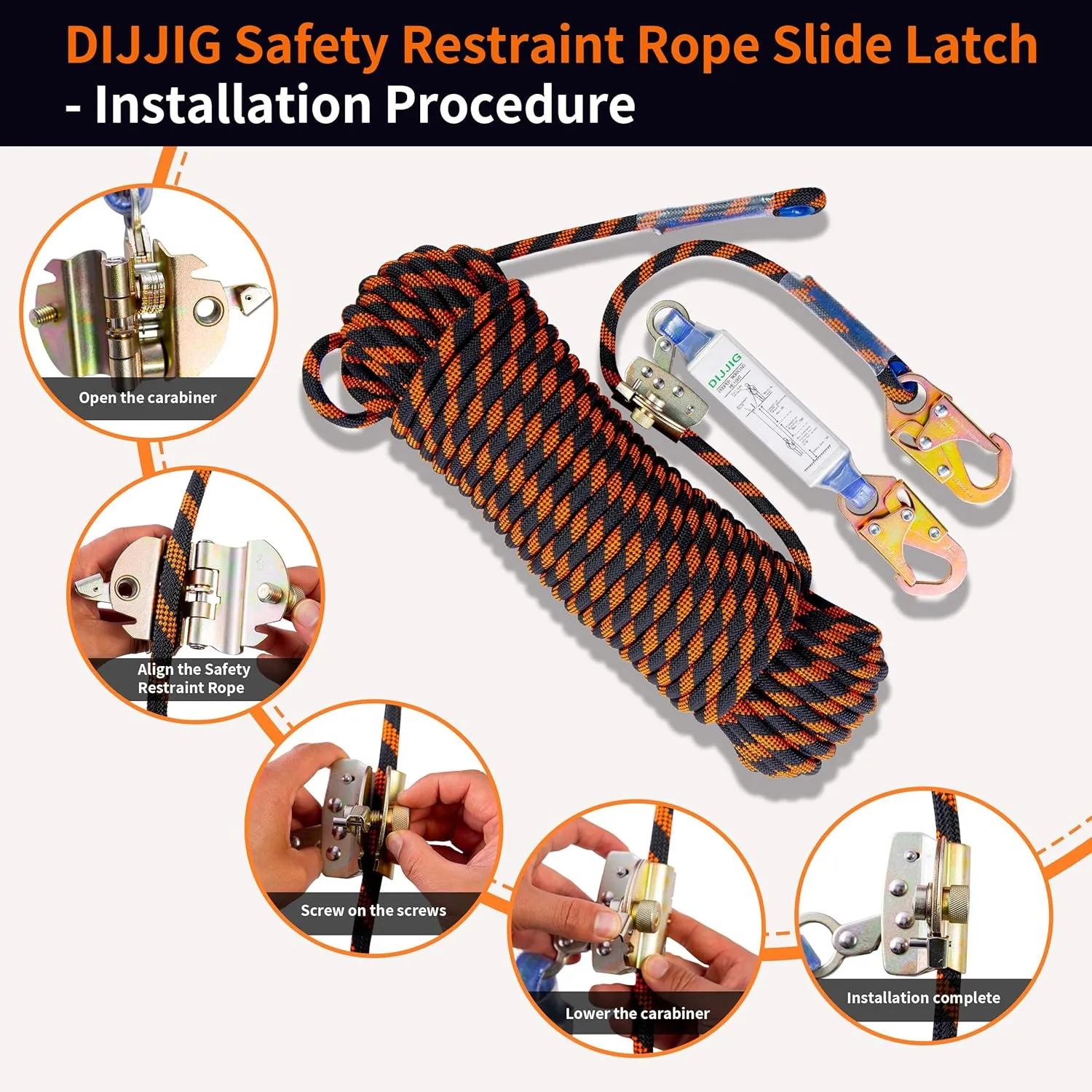 Rope Harness Safety Lanyard 50ft Vertical Roofing Rope with Grab Snap Hooks Shock Absorber Fall Protection Tree Climbing Line Kit Heavy Duty Roof Safety Equipment ANSI CE