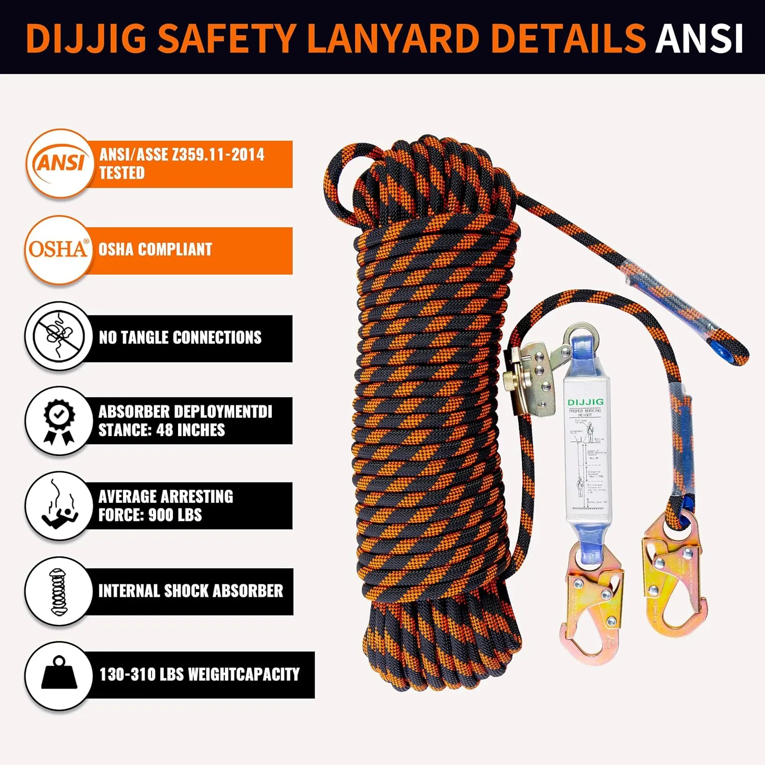Rope Harness Safety Lanyard 50ft Vertical Roofing Rope with Grab Snap Hooks Shock Absorber Fall Protection Tree Climbing Line Kit Heavy Duty Roof Safety Equipment ANSI CE