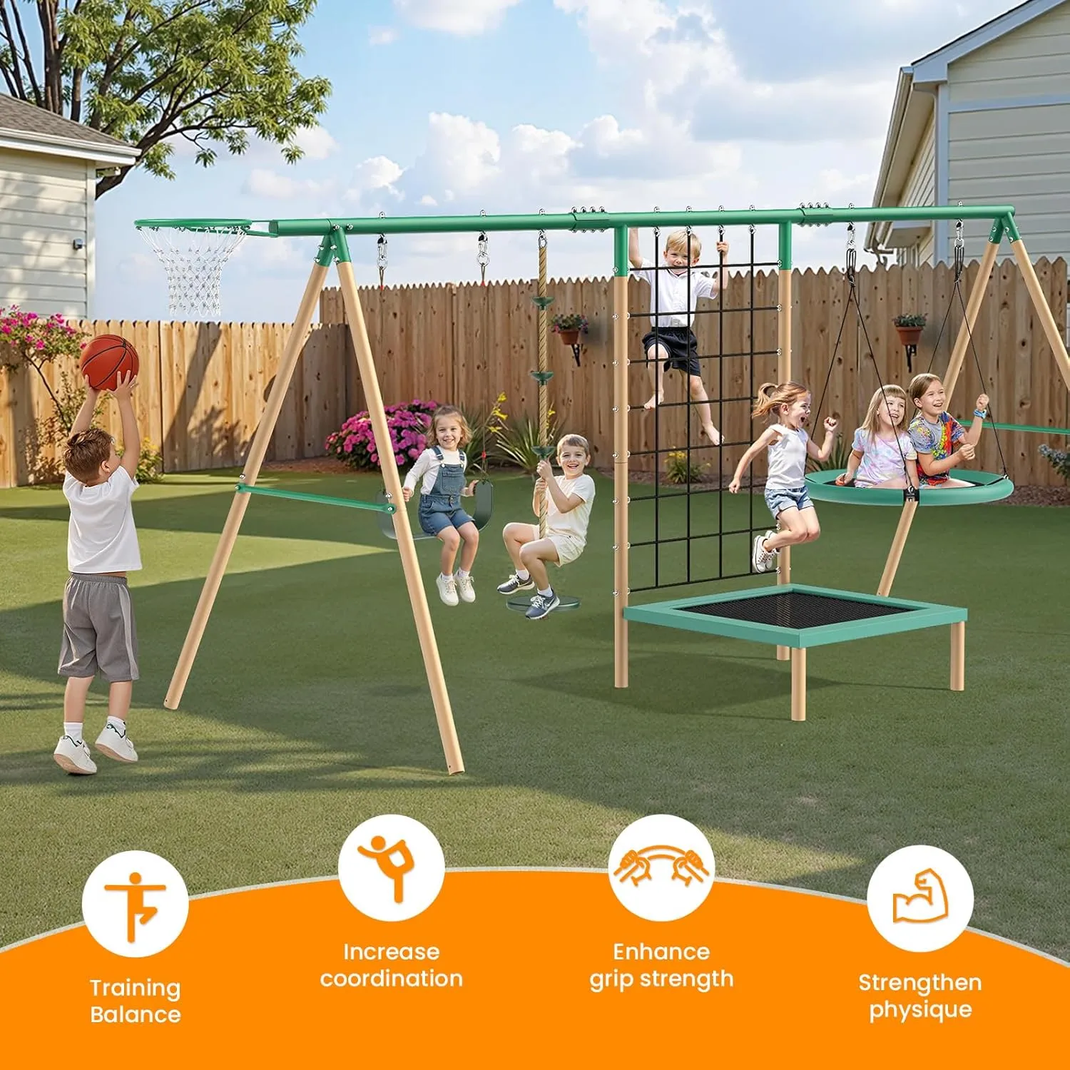 Rope Swing for Tree, Climbing Rope for Kids for Outside with Platform Carabiners and Strap Outdoor, Playground Accessories, Green