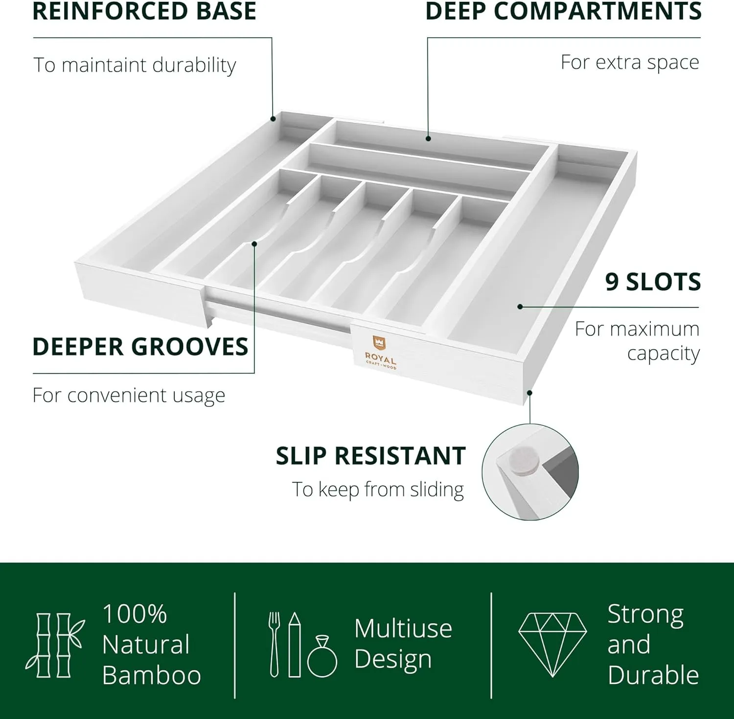 ROYAL CRAFT WOOD Luxury Bamboo Kitchen Drawer Organizer - Silverware Organizer - Utensil Holder and Cutlery Tray with Grooved Drawer Dividers for Flatware and Kitchen Utensils (9 Slot, White)