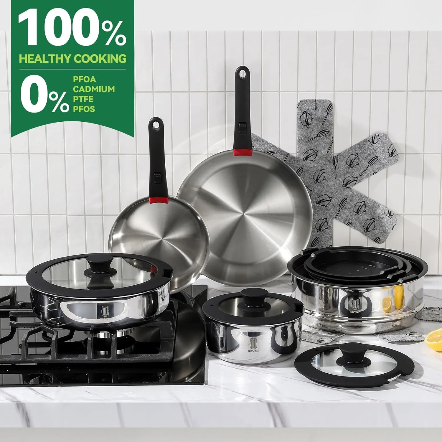 ROYDX 16pcs Pots and Pans Set, Stainless Steel Cookware Set Detachable Handle, Induction Kitchen Stackable RV Cookware Sets, (Camper, Boat, Small Kitchen), Dishwasher Safe&Oven Safe, PFOA Free, Silver