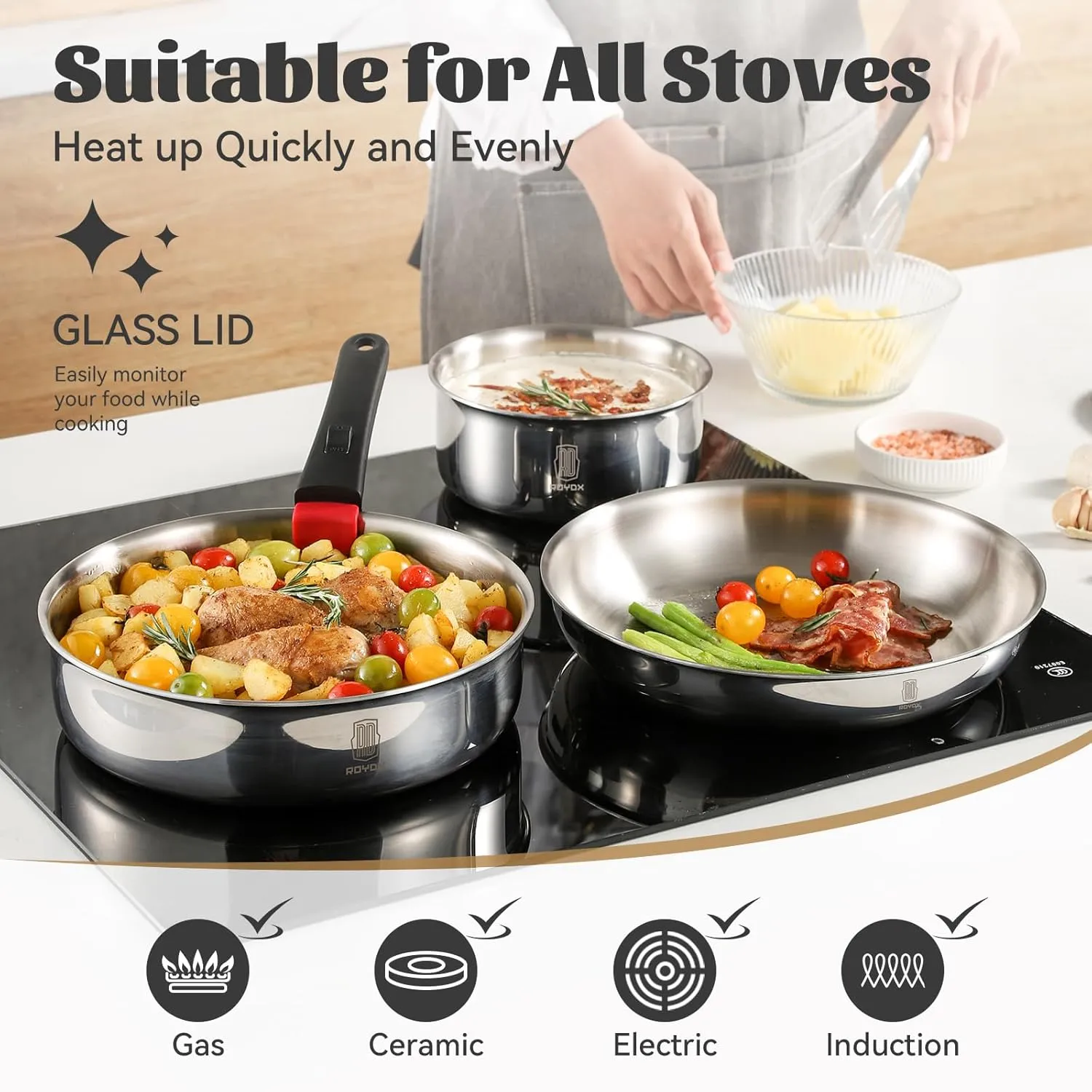 ROYDX 16pcs Pots and Pans Set, Stainless Steel Cookware Set Detachable Handle, Induction Kitchen Stackable RV Cookware Sets, (Camper, Boat, Small Kitchen), Dishwasher Safe&Oven Safe, PFOA Free, Silver