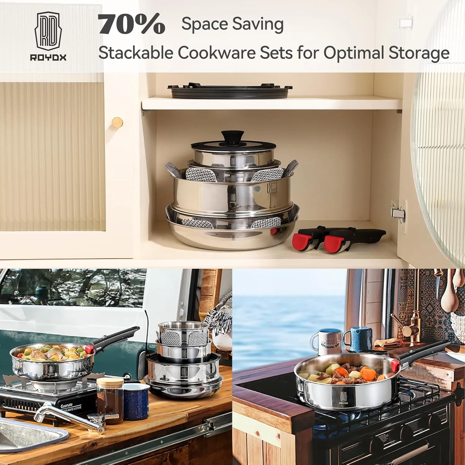 ROYDX 16pcs Pots and Pans Set, Stainless Steel Cookware Set Detachable Handle, Induction Kitchen Stackable RV Cookware Sets, (Camper, Boat, Small Kitchen), Dishwasher Safe&Oven Safe, PFOA Free, Silver