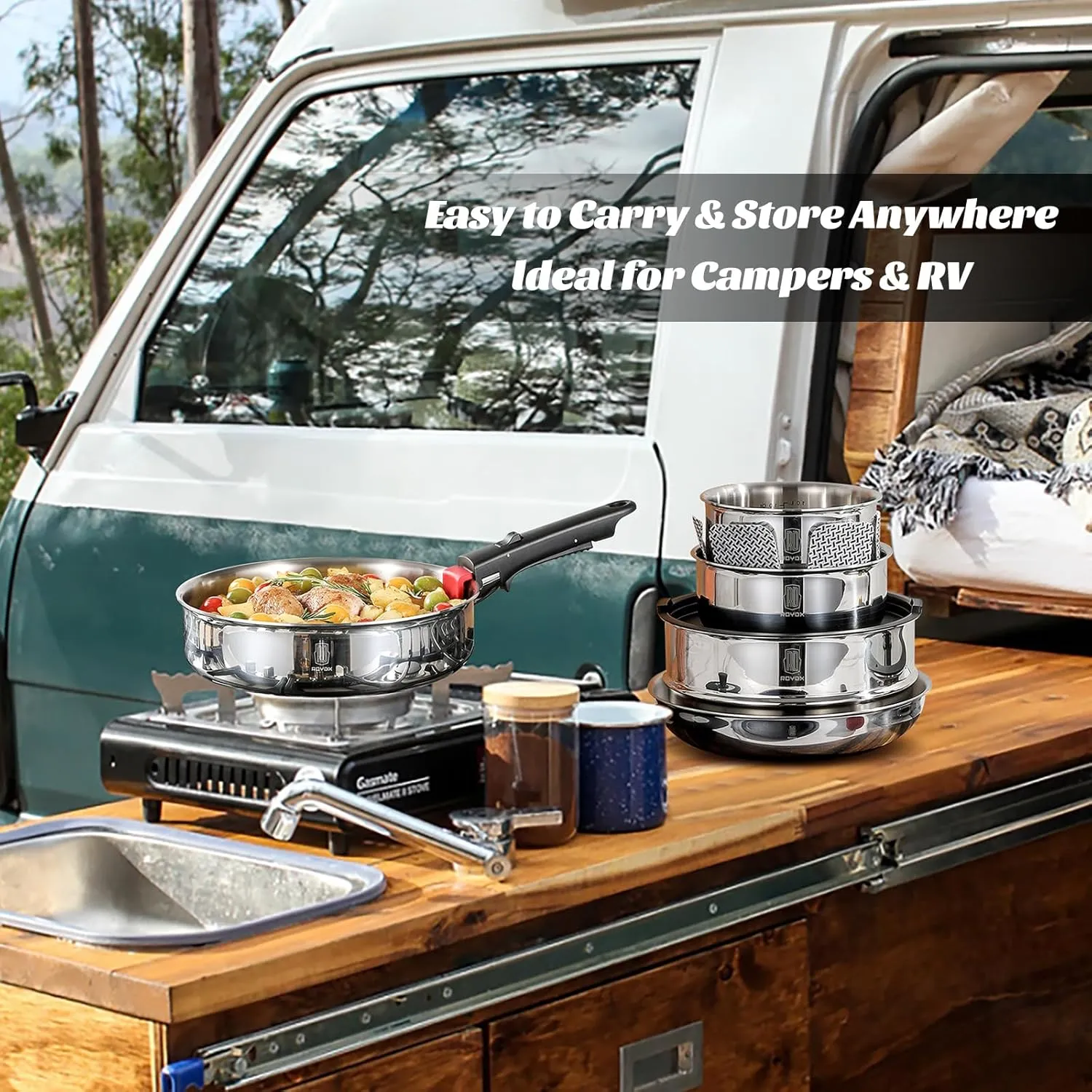 ROYDX 16pcs Pots and Pans Set, Stainless Steel Cookware Set Detachable Handle, Induction Kitchen Stackable RV Cookware Sets, (Camper, Boat, Small Kitchen), Dishwasher Safe&Oven Safe, PFOA Free, Silver