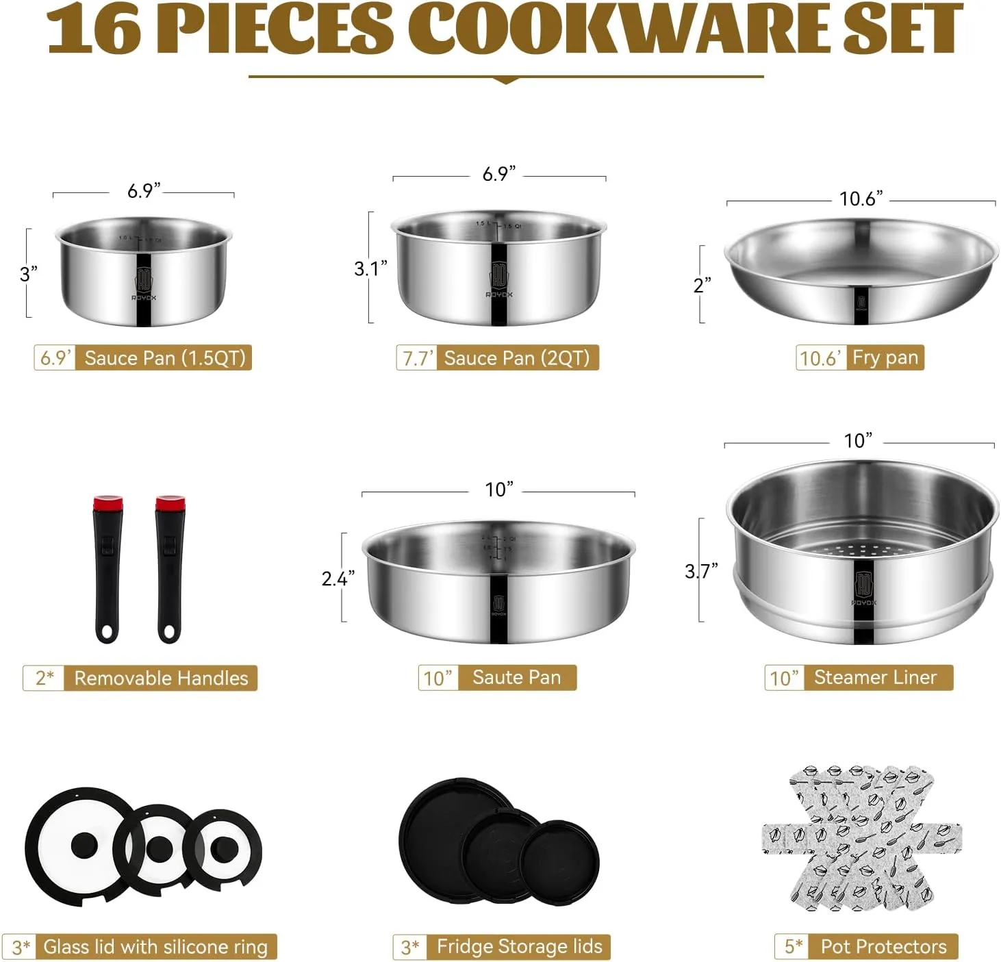 ROYDX 16pcs Pots and Pans Set, Stainless Steel Cookware Set Detachable Handle, Induction Kitchen Stackable RV Cookware Sets, (Camper, Boat, Small Kitchen), Dishwasher Safe&Oven Safe, PFOA Free, Silver