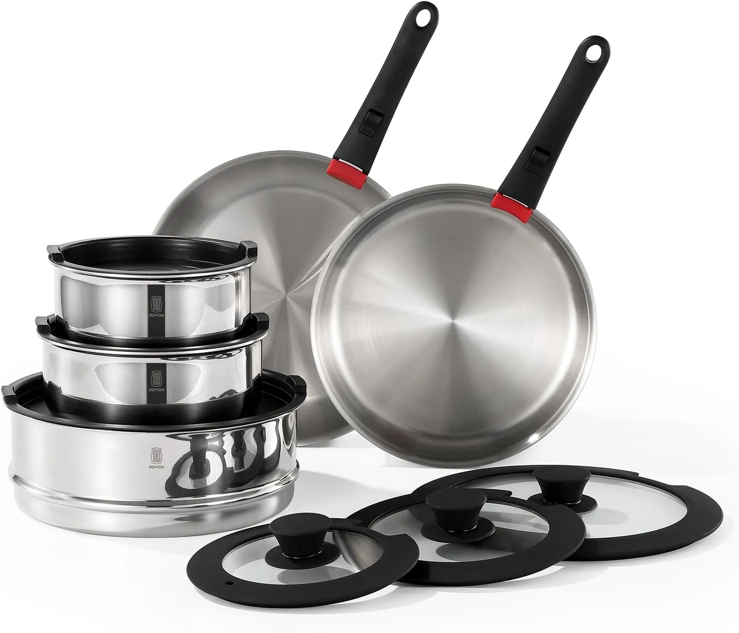 ROYDX 16pcs Pots and Pans Set, Stainless Steel Cookware Set Detachable Handle, Induction Kitchen Stackable RV Cookware Sets, (Camper, Boat, Small Kitchen), Dishwasher Safe&Oven Safe, PFOA Free, Silver