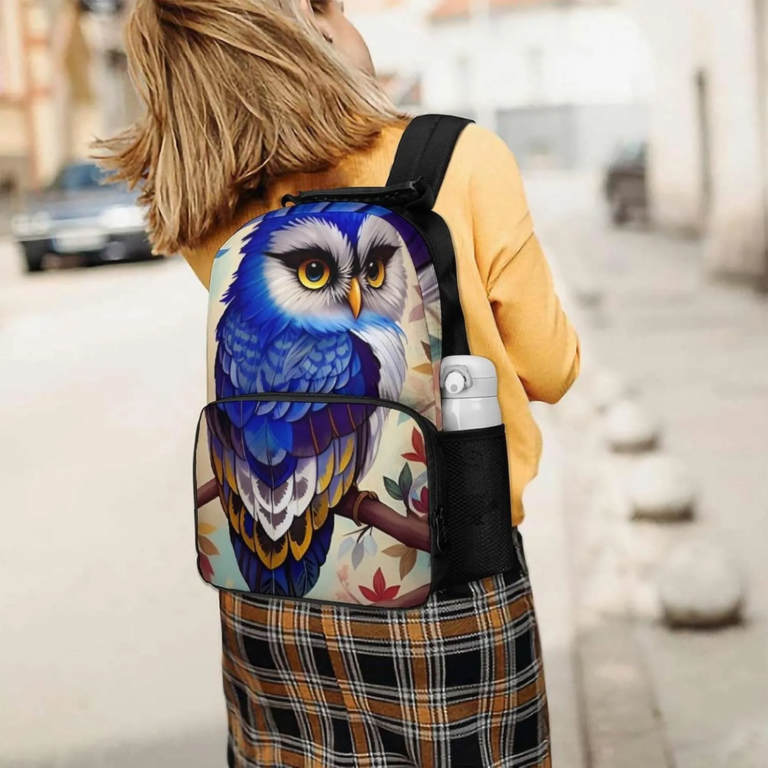 Rucksack Anti-Theft Multipurpose Large Capacity Carry On Bag - Blue Feather Owls Paintings Travel Hiking Bag & Day Pack With Side Pockets