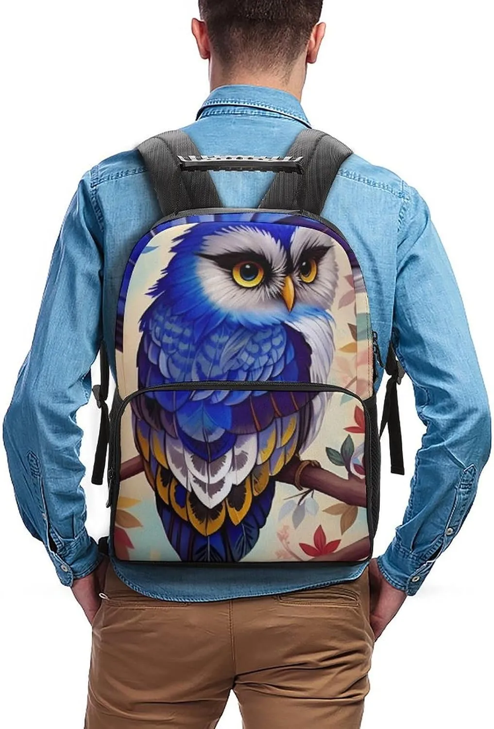 Rucksack Anti-Theft Multipurpose Large Capacity Carry On Bag - Blue Feather Owls Paintings Travel Hiking Bag & Day Pack With Side Pockets