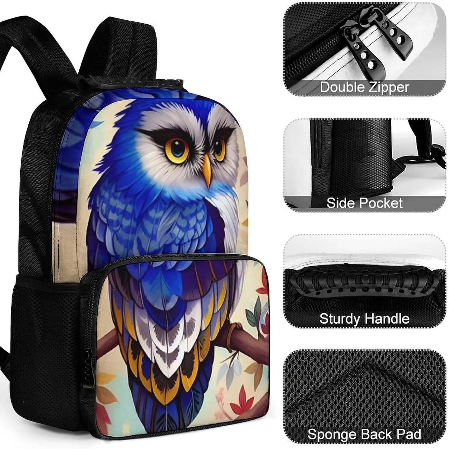 Rucksack Anti-Theft Multipurpose Large Capacity Carry On Bag - Blue Feather Owls Paintings Travel Hiking Bag & Day Pack With Side Pockets