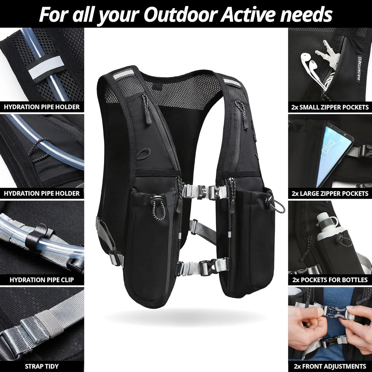 Running Hydration Vest for Women and Men. Reflective, 8 Pocket, Quick Dry, Water-Resistant, Breathable, Adjustable Backpack for Runs, Hiking, Cycling, Trails, Marathons