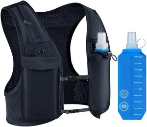 Running Vest for Men Women, Hydration Vest with Adjustable Chest Straps, Breathable Reflective Vest for Strength Training with 500ml Soft Flask & 6 Pockets for Running Accessories