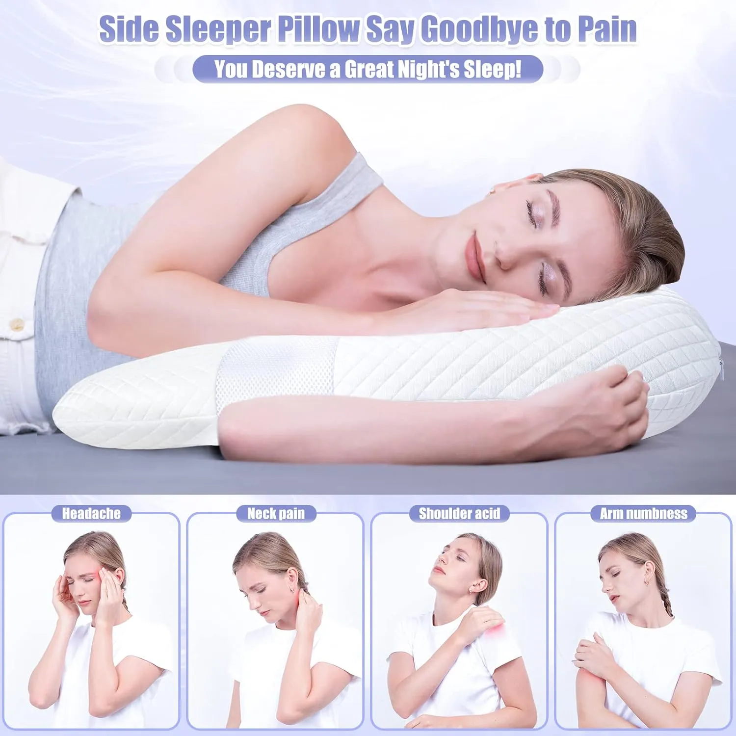 SAHEYER Side Sleeper Pillows for Adults, U Shaped Body Pillow for Pain Relief, Orthopedic Memory Foam Shoulder Pillow for Side,Stomach, Back, Arm with Removable Washable Cover (Upgraded Version),White