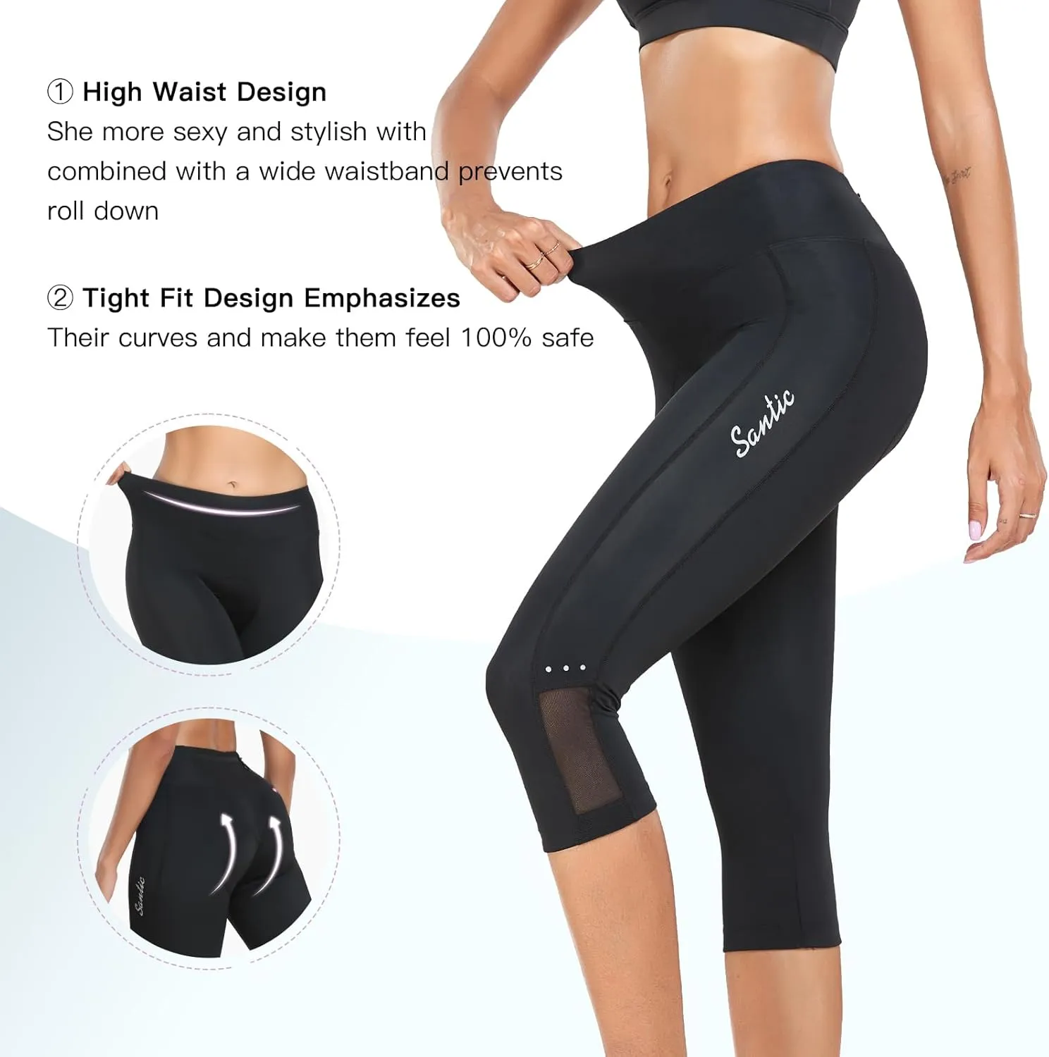 Santic Women's Cycling Pants High Waist 4D Padded Capris 7/8 Bike Bicycle Tights